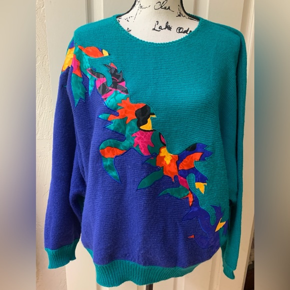 Vintage Sue Brett Green & Purple Appliqued Sweater - Picture 1 of 8